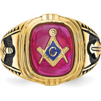 14K Yellow Gold Masonic Ring with Black Enamel and Lab Created Ruby - 12x10mm Cushion Cut by IBGoodman