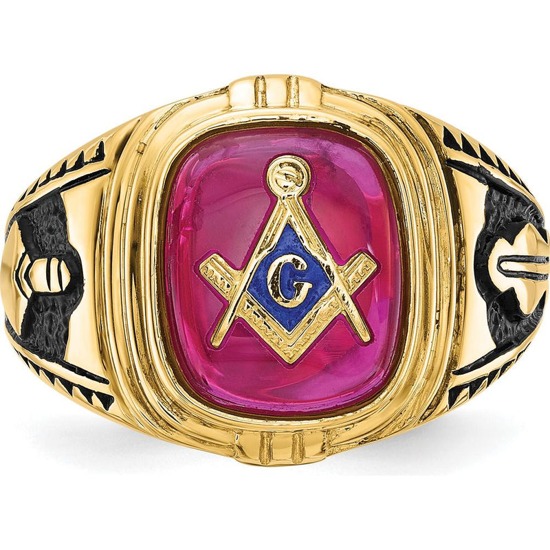 14K Yellow Gold Masonic Ring with Black Enamel and Lab Created Ruby - 12x10mm Cushion Cut by IBGoodman