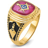 14K Yellow Gold Masonic Ring with Black Enamel and Lab Created Ruby - 12x10mm Cushion Cut by IBGoodman