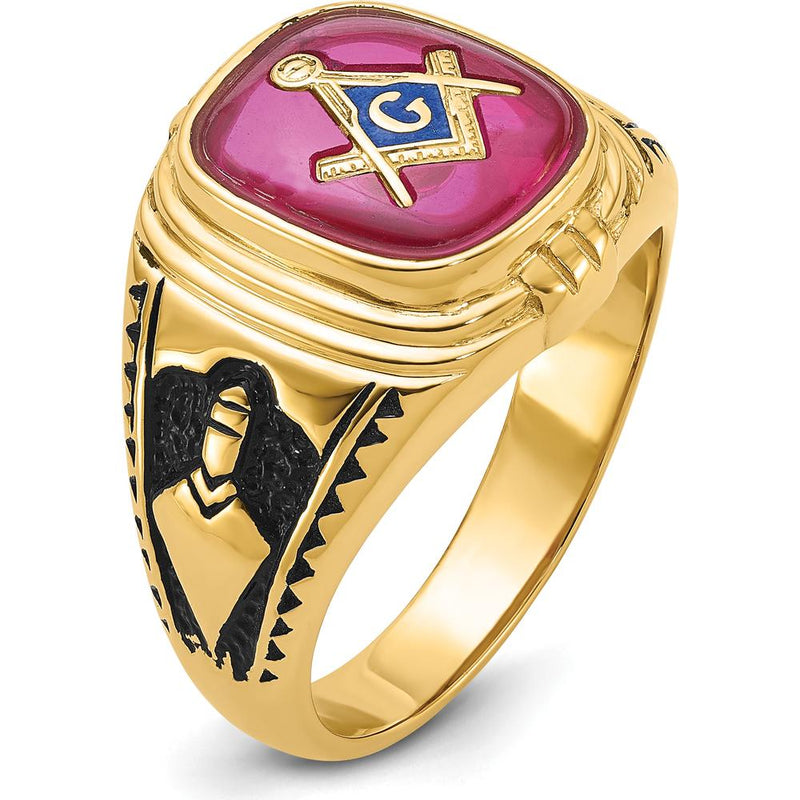 14K Yellow Gold Masonic Ring with Black Enamel and Lab Created Ruby - 12x10mm Cushion Cut by IBGoodman