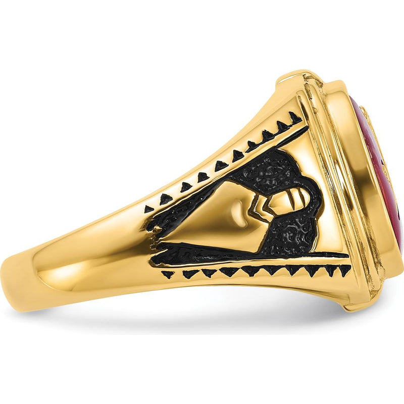 14K Yellow Gold Masonic Ring with Black Enamel and Lab Created Ruby - 12x10mm Cushion Cut by IBGoodman