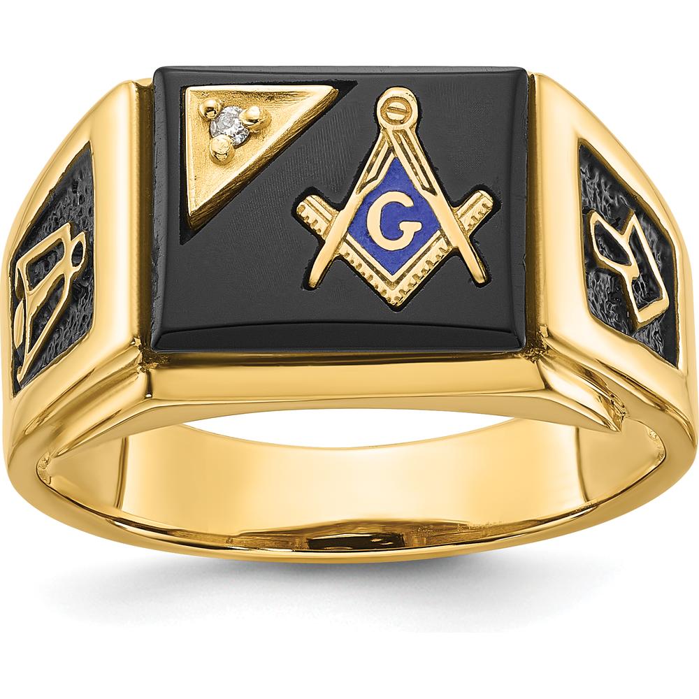 14K Yellow Gold Masonic Ring with Black Onyx and 0.01 Carat Round Diamond Accent by IBGoodman