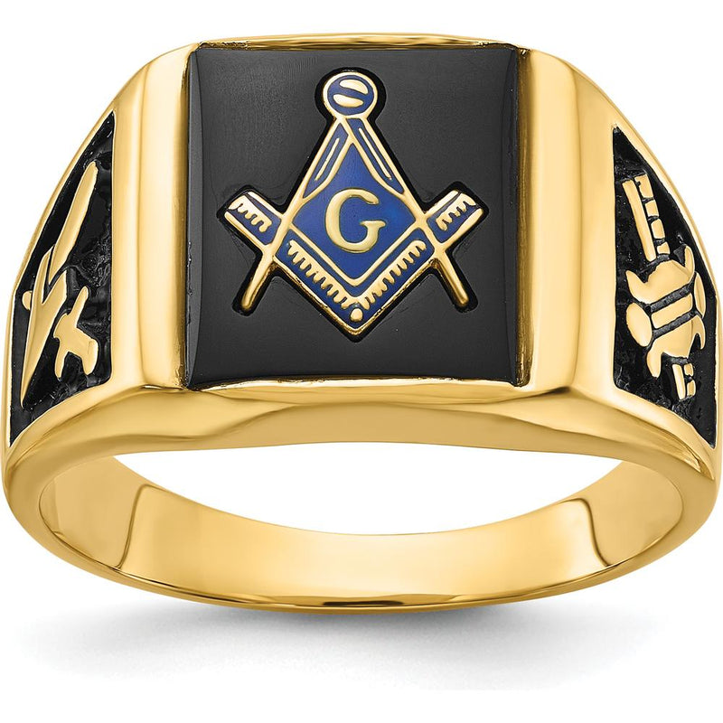 14K Yellow Gold Masonic Ring with Cushion-Cut Black Onyx and Enamel Detailing by IBGoodman