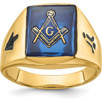 14K Yellow Gold Masonic Ring with Cushion-Cut Imitation Blue Spinel and Black Enamel Accents by IBGoodman