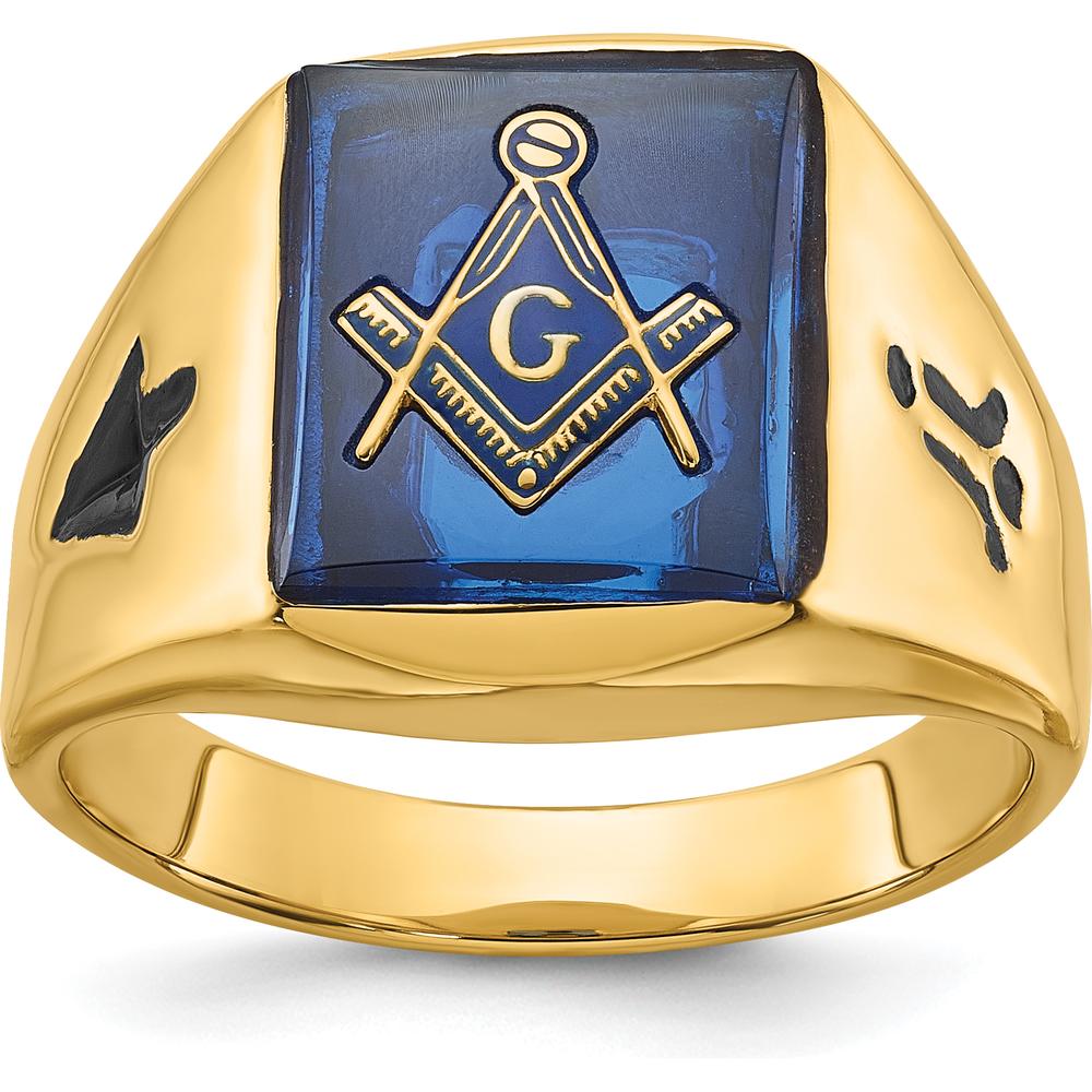 14K Yellow Gold Masonic Ring with Cushion-Cut Imitation Blue Spinel and Black Enamel Accents by IBGoodman