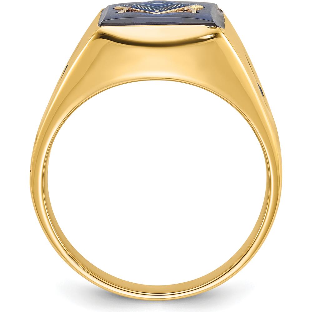 14K Yellow Gold Masonic Ring with Cushion-Cut Imitation Blue Spinel and Black Enamel Accents by IBGoodman