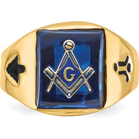 14K Yellow Gold Masonic Ring with Cushion-Cut Imitation Blue Spinel and Black Enamel Accents by IBGoodman