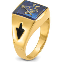 14K Yellow Gold Masonic Ring with Cushion-Cut Imitation Blue Spinel and Black Enamel Accents by IBGoodman