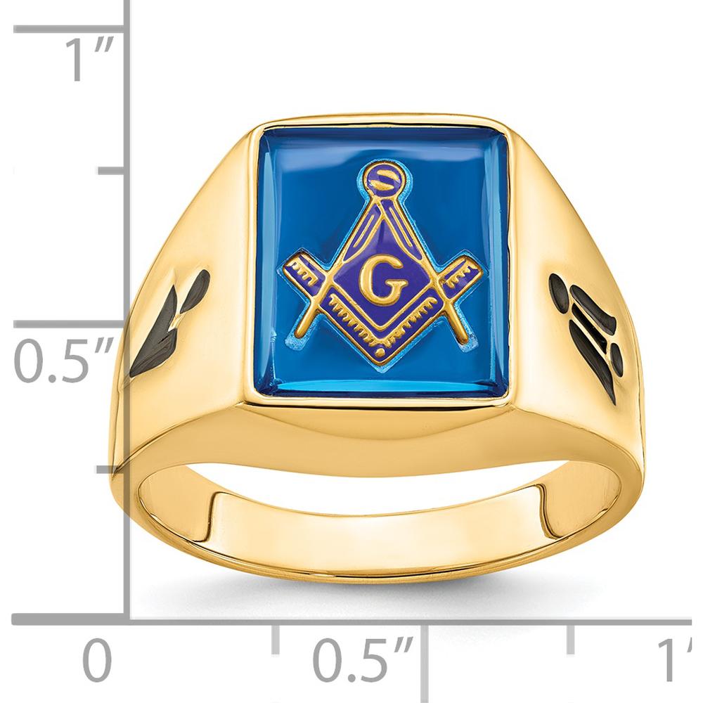 14K Yellow Gold Masonic Ring with Cushion-Cut Imitation Blue Spinel and Black Enamel Accents by IBGoodman