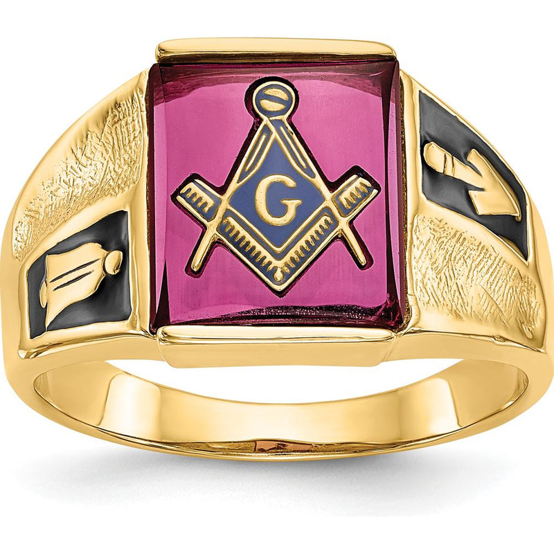 14K Yellow Gold Masonic Ring with Lab Created Cushion-Cut Ruby and Black Enamel Accents - 12x10mm by IBGoodman