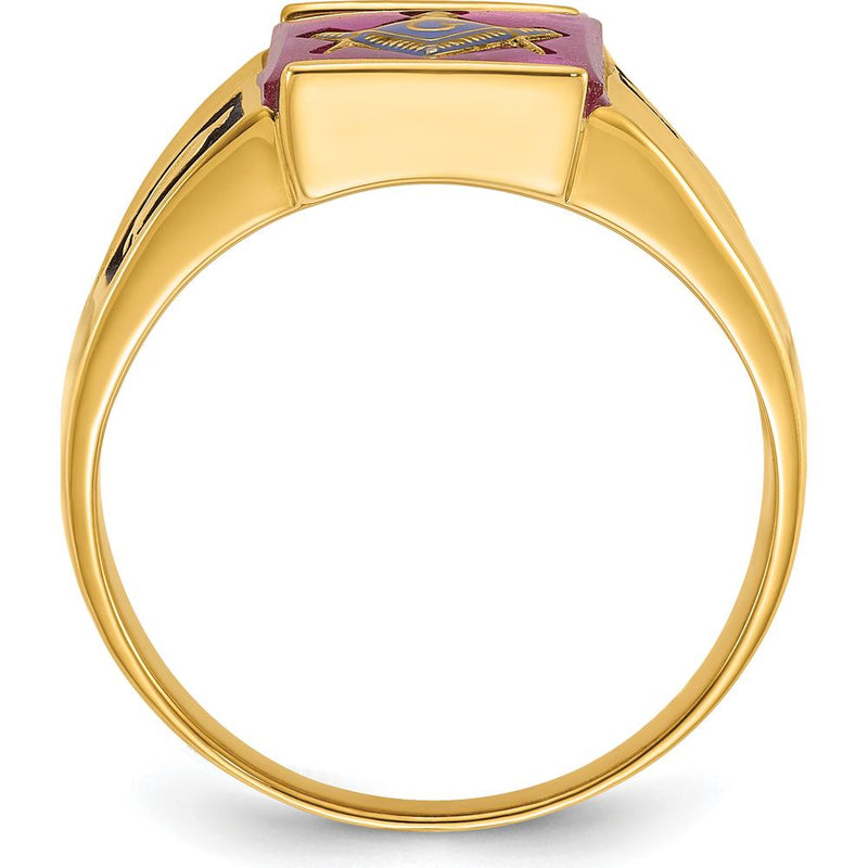 14K Yellow Gold Masonic Ring with Lab Created Cushion-Cut Ruby and Black Enamel Accents - 12x10mm by IBGoodman