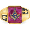 14K Yellow Gold Masonic Ring with Lab Created Cushion-Cut Ruby and Black Enamel Accents - 12x10mm by IBGoodman