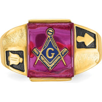 14K Yellow Gold Masonic Ring with Lab Created Cushion-Cut Ruby and Black Enamel Accents - 12x10mm by IBGoodman