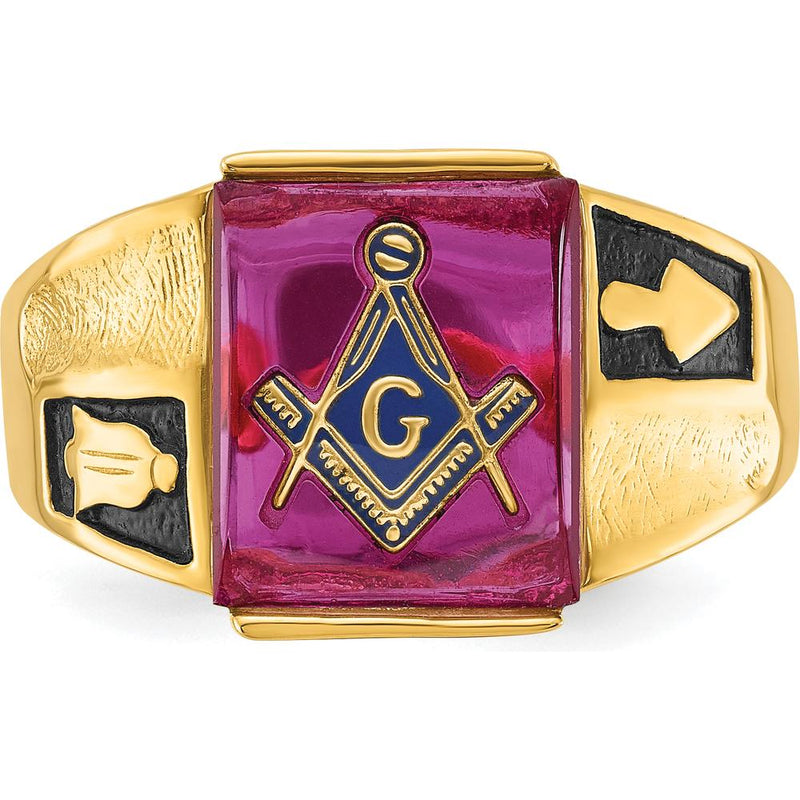 14K Yellow Gold Masonic Ring with Lab Created Cushion-Cut Ruby and Black Enamel Accents - 12x10mm by IBGoodman