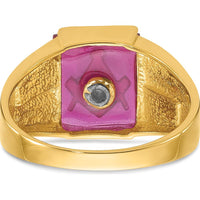 14K Yellow Gold Masonic Ring with Lab Created Cushion-Cut Ruby and Black Enamel Accents - 12x10mm by IBGoodman