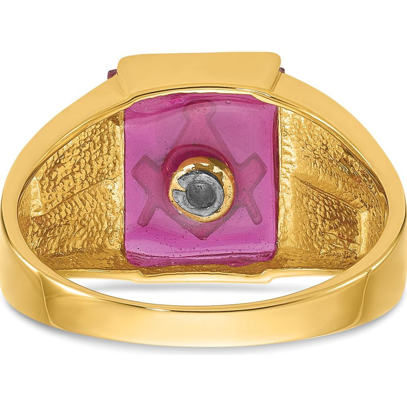 14K Yellow Gold Masonic Ring with Lab Created Cushion-Cut Ruby and Black Enamel Accents - 12x10mm by IBGoodman