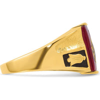14K Yellow Gold Masonic Ring with Lab Created Cushion-Cut Ruby and Black Enamel Accents - 12x10mm by IBGoodman