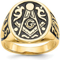 14K Yellow Gold Masonic Ring with Polished Grooved Band and Black Enamel Detailing by IBGoodman