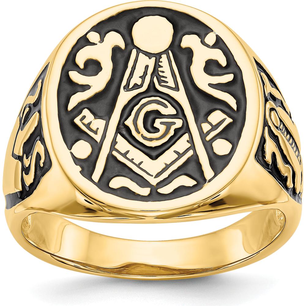 14K Yellow Gold Masonic Ring with Polished Grooved Band and Black Enamel Detailing by IBGoodman
