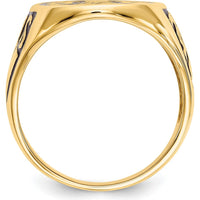 14K Yellow Gold Masonic Ring with Polished Grooved Band and Black Enamel Detailing by IBGoodman
