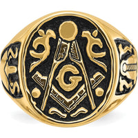 14K Yellow Gold Masonic Ring with Polished Grooved Band and Black Enamel Detailing by IBGoodman