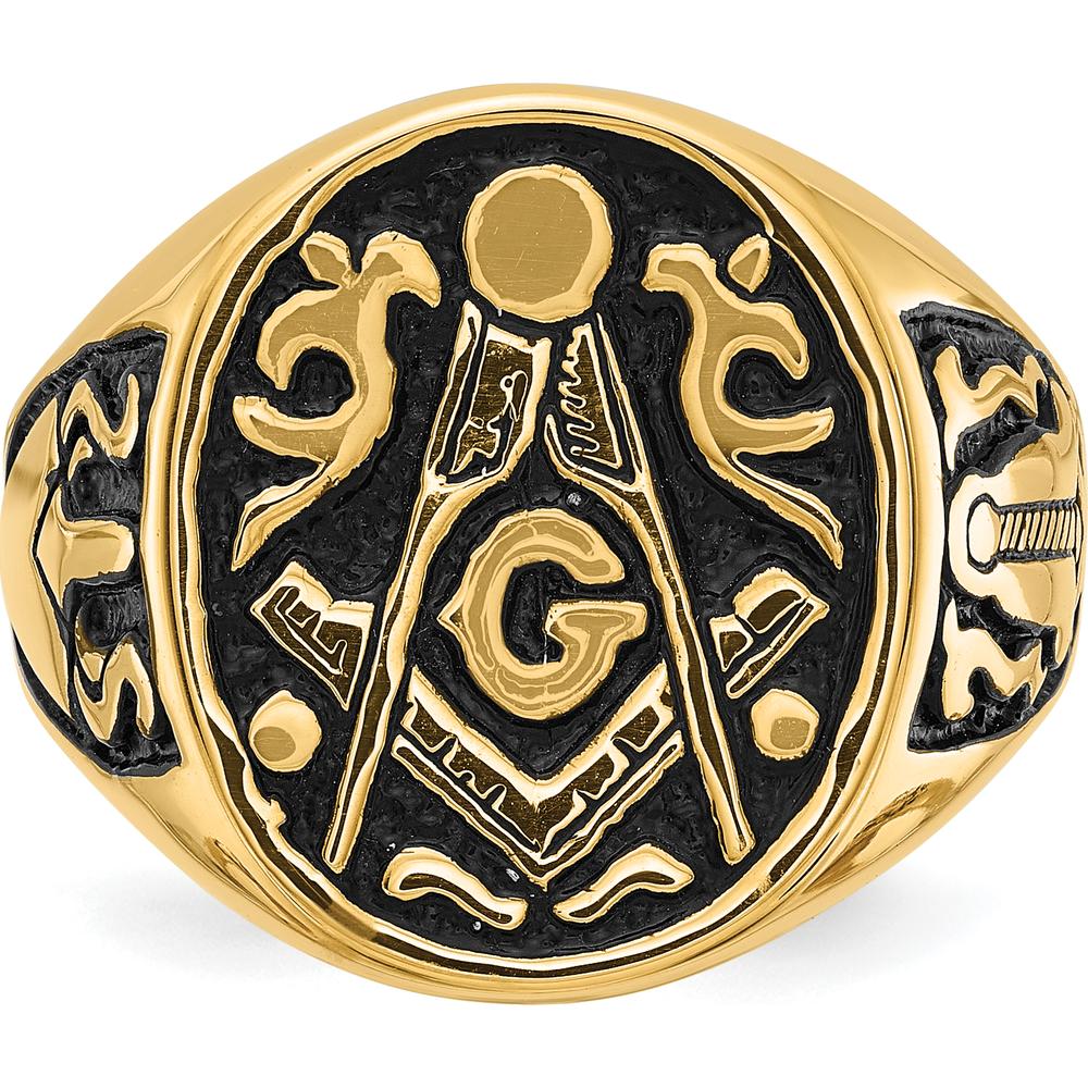 14K Yellow Gold Masonic Ring with Polished Grooved Band and Black Enamel Detailing by IBGoodman