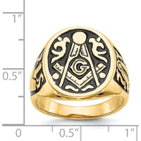 14K Yellow Gold Masonic Ring with Polished Grooved Band and Black Enamel Detailing by IBGoodman
