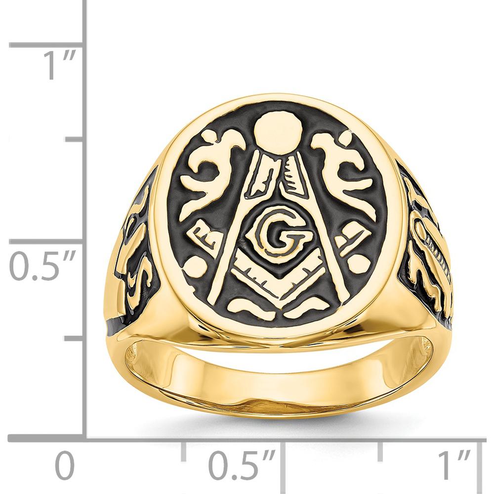 14K Yellow Gold Masonic Ring with Polished Grooved Band and Black Enamel Detailing by IBGoodman