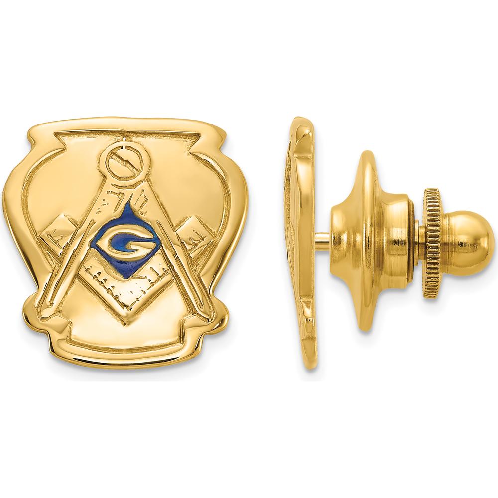 14K Yellow Gold Masonic Tie Pin with Polished and Textured Design and Blue Enamel Accent by IBGoodman