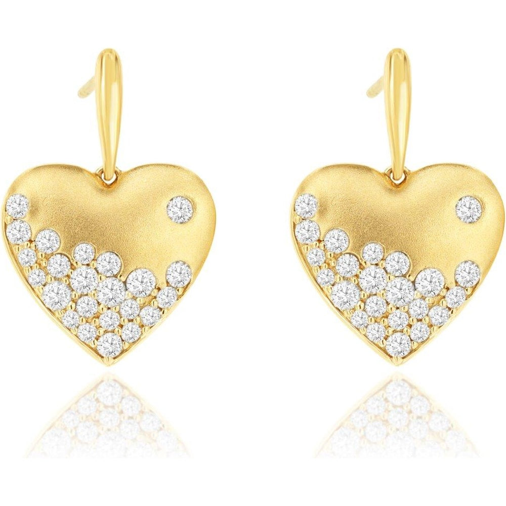 14K Yellow Gold Matte Heart Drop Earrings with Pavé-Set Round Diamonds - 1.00 Carat Total Diamond Weight - Royal Jewelry
