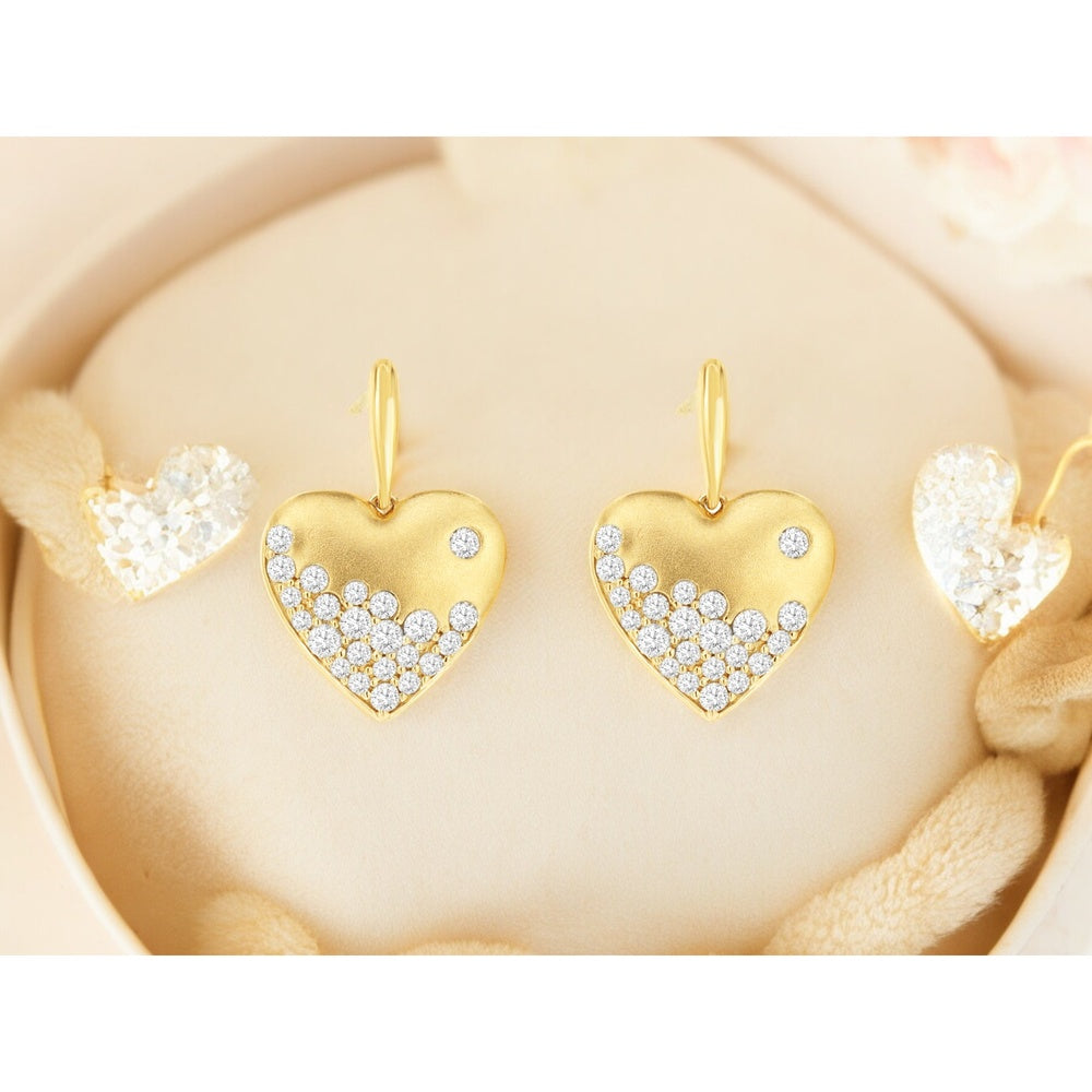 14K Yellow Gold Matte Heart Drop Earrings with Pavé-Set Round Diamonds - 1.00 Carat Total Diamond Weight - Royal Jewelry