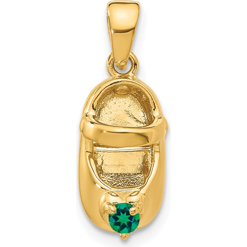 14K Yellow Gold May Birthstone Baby Shoe Charm with Synthetic Green Stone by Oro Pregiato