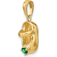 14K Yellow Gold May Birthstone Baby Shoe Charm with Synthetic Green Stone by Oro Pregiato