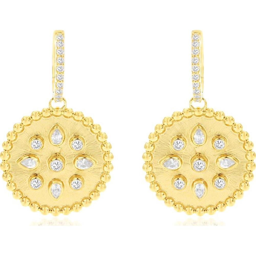 14K Yellow Gold Medallion Drop Earrings with Round and Pear-Shaped Diamonds - 0.85 Carat Total Diamond Weight - Royal Jewelry