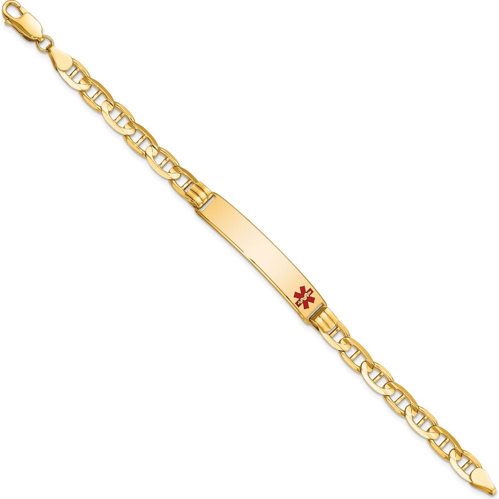 14K Yellow Gold Medical Alert Bracelet with Off-Center Red Enamel Anchor Charm - 7" Length by Oro Pregiato