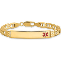 14K Yellow Gold Medical Alert Bracelet with Off-Center Red Enamel Anchor Charm - 7" Length by Oro Pregiato