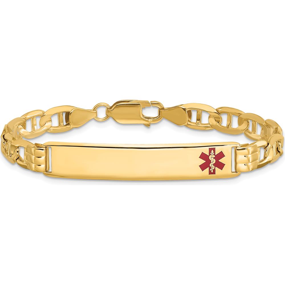 14K Yellow Gold Medical Alert Bracelet with Off-Center Red Enamel Anchor Charm - 7" Length by Oro Pregiato