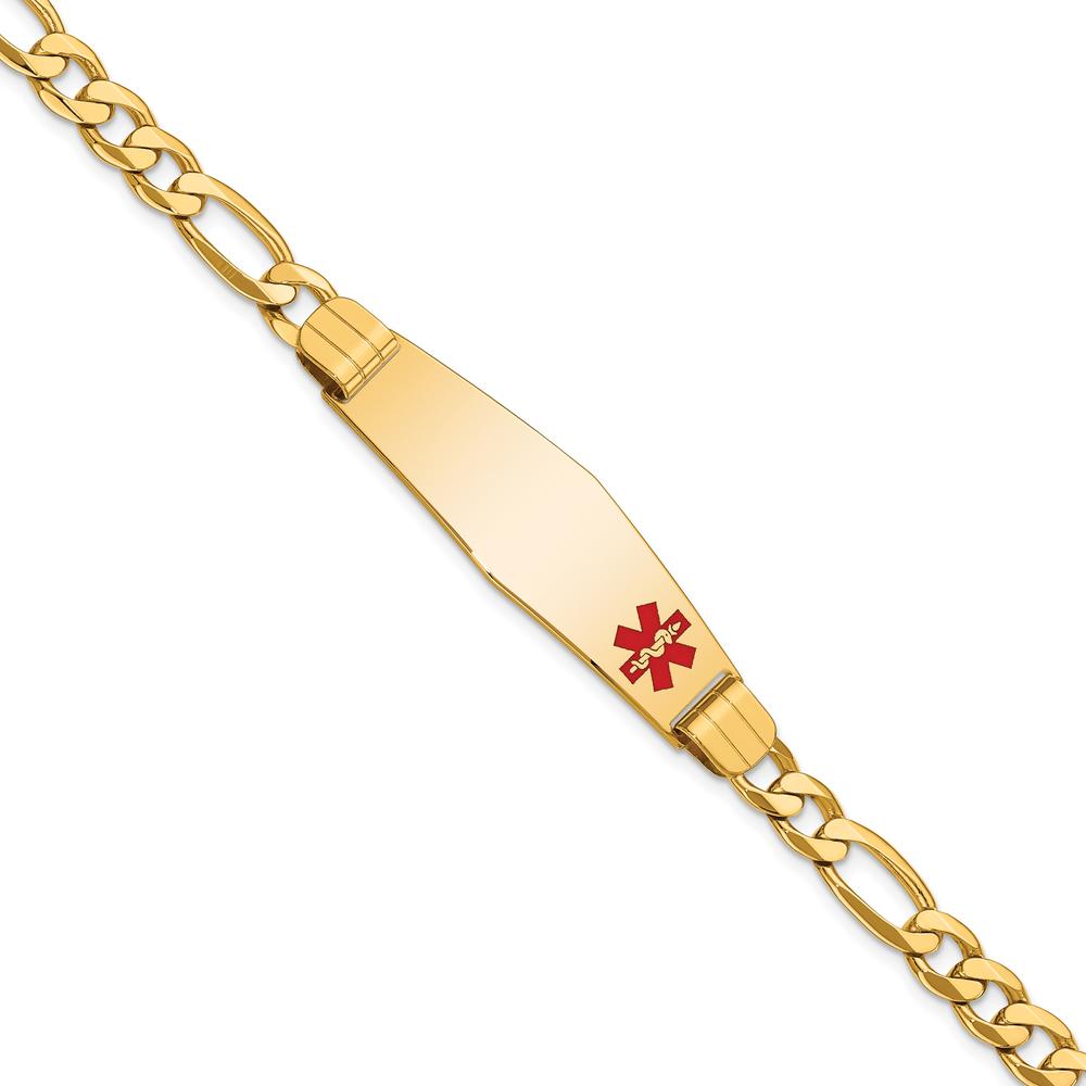 14K Yellow Gold Medical Alert Bracelet with Off-Center Red Enamel and Figaro Link Chain - 7" Length by Oro Pregiato