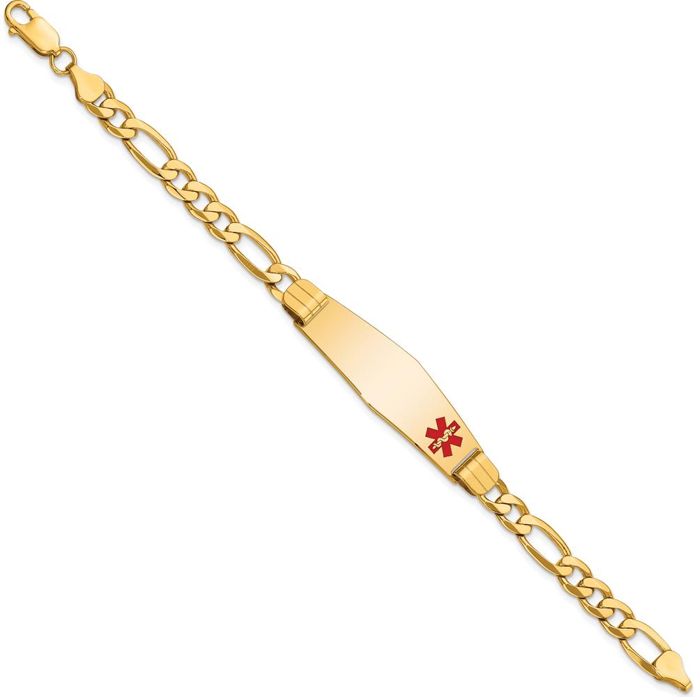 14K Yellow Gold Medical Alert Bracelet with Off-Center Red Enamel and Figaro Link Chain - 7" Length by Oro Pregiato