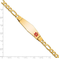 14K Yellow Gold Medical Alert Bracelet with Off-Center Red Enamel and Figaro Link Chain - 7" Length by Oro Pregiato