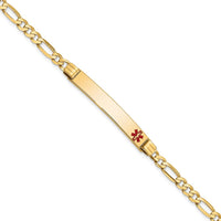 14K Yellow Gold Medical Alert Bracelet with Off-Center Red Enamel Charm - 8" Figaro Chain by Oro Pregiato