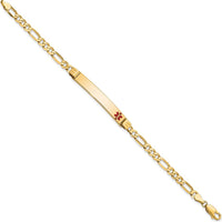 14K Yellow Gold Medical Alert Bracelet with Off-Center Red Enamel Charm - 8" Figaro Chain by Oro Pregiato