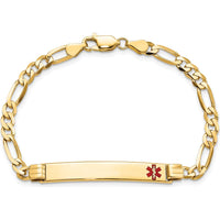 14K Yellow Gold Medical Alert Bracelet with Off-Center Red Enamel Charm - 8" Figaro Chain by Oro Pregiato