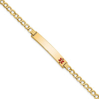 14K Yellow Gold Medical Alert Bracelet with Off-Center Red Enamel Plate - 8" Curb Link Design by Oro Pregiato