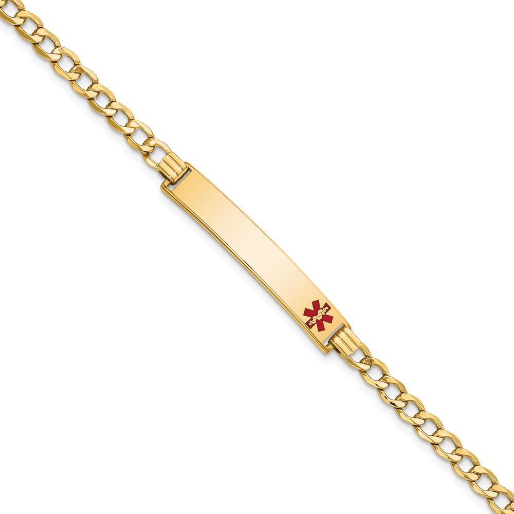 14K Yellow Gold Medical Alert Bracelet with Off-Center Red Enamel Plate - 8" Curb Link Design by Oro Pregiato