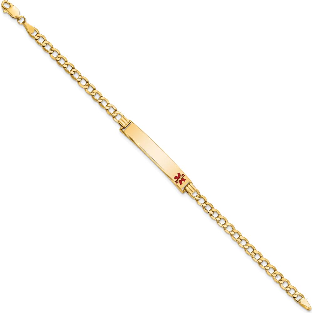 14K Yellow Gold Medical Alert Bracelet with Off-Center Red Enamel Plate - 8" Curb Link Design by Oro Pregiato