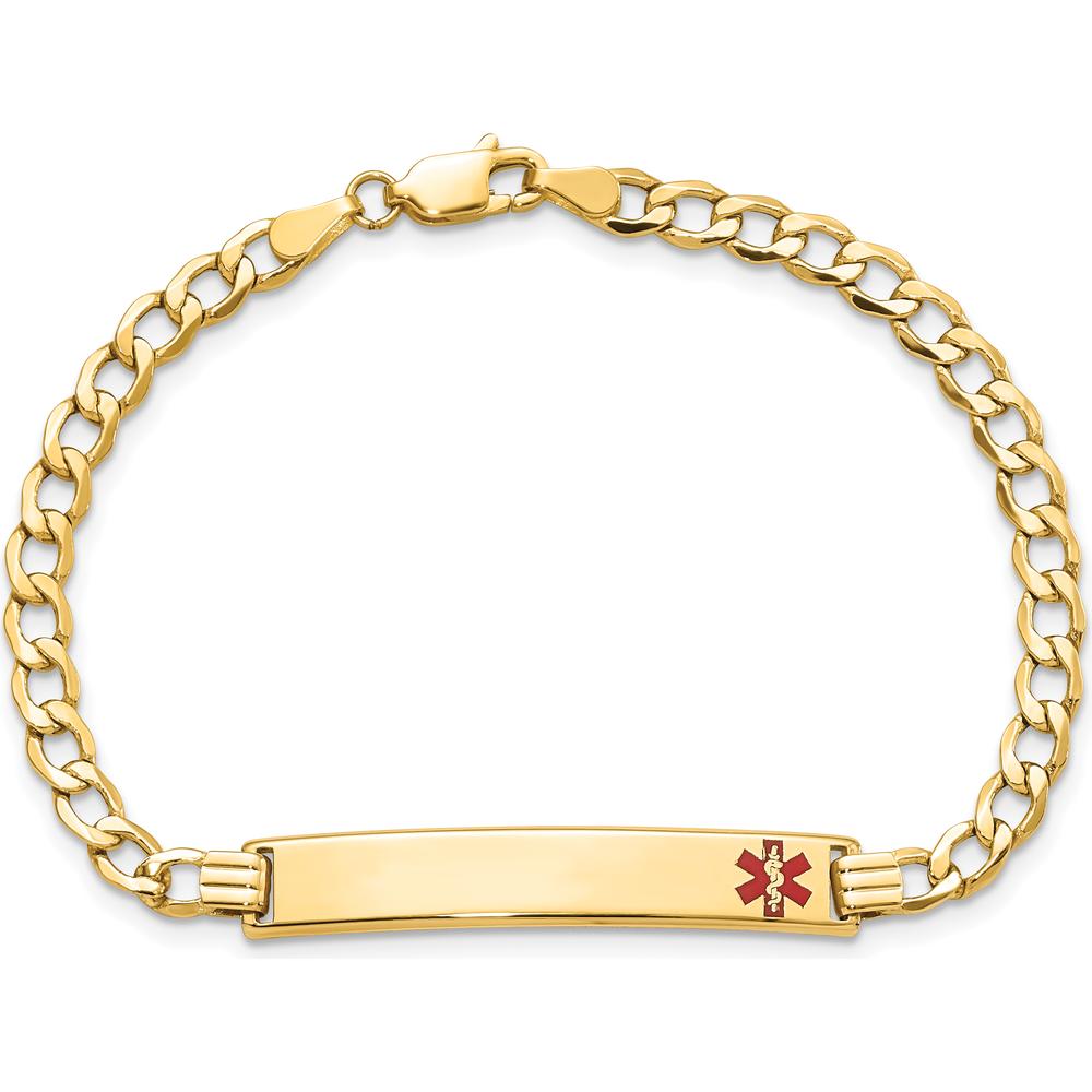 14K Yellow Gold Medical Alert Bracelet with Off-Center Red Enamel Plate - 8" Curb Link Design by Oro Pregiato