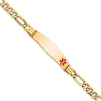 14K Yellow Gold Medical Alert Bracelet with Off-Center Red Enamel Plate and Figaro Link Chain - 7" Length by Oro Pregiato