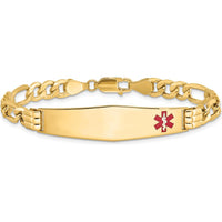 14K Yellow Gold Medical Alert Bracelet with Off-Center Red Enamel Plate and Figaro Link Chain - 7" Length by Oro Pregiato