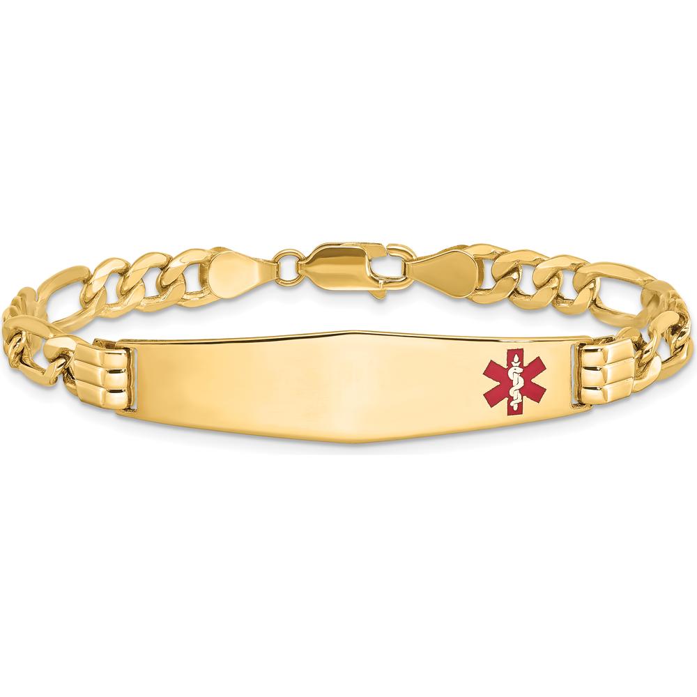 14K Yellow Gold Medical Alert Bracelet with Off-Center Red Enamel Plate and Figaro Link Chain - 7" Length by Oro Pregiato